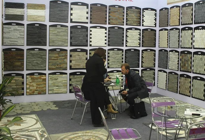 Exhibit showcasing various natural stone products at a fair