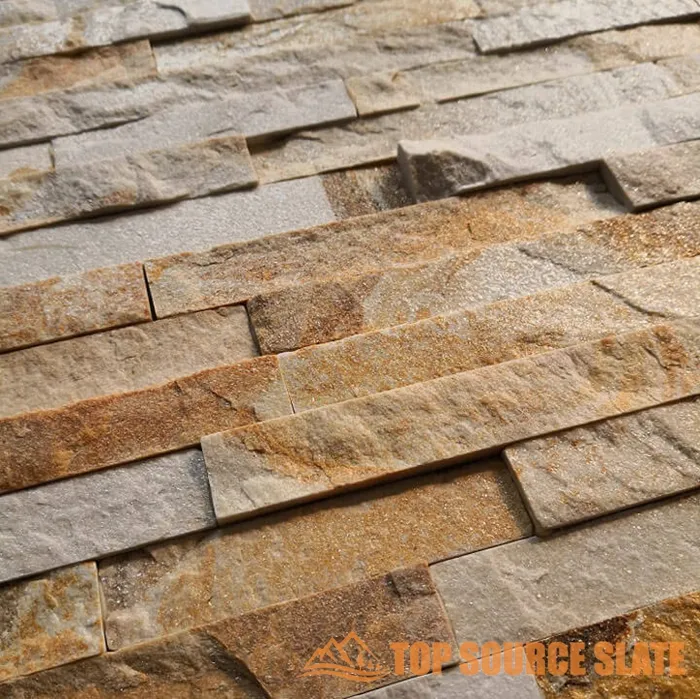 Outdoor wall featuring quartzite interlocking stacked stone panels in a modern design