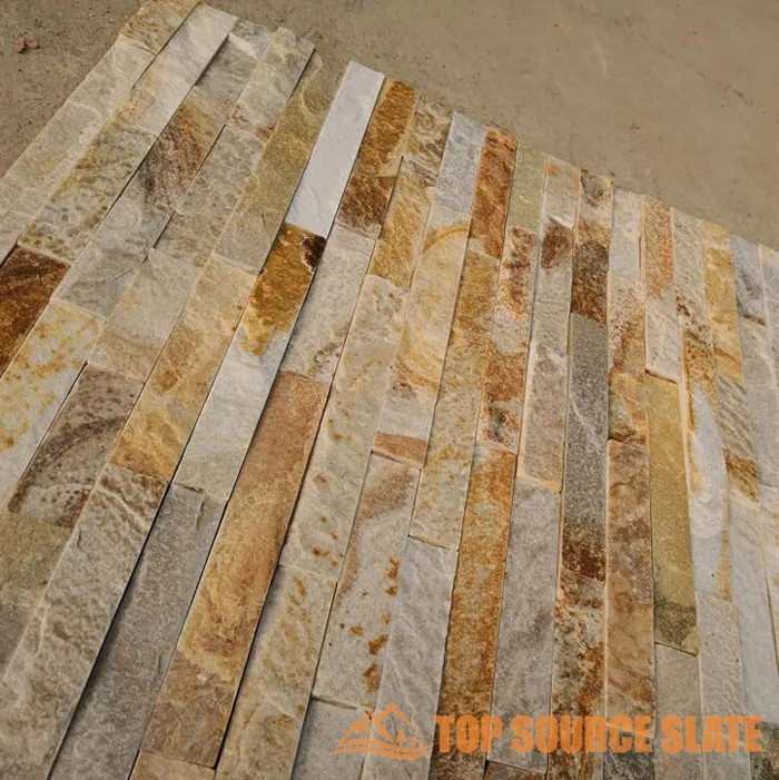 Interlocking quartzite stacked stone outdoor wall panels in a modern setting