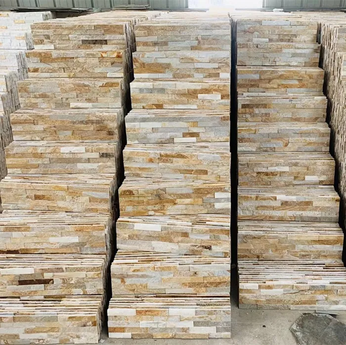 Outdoor interlocking quartzite stacked stone wall panels in natural tones