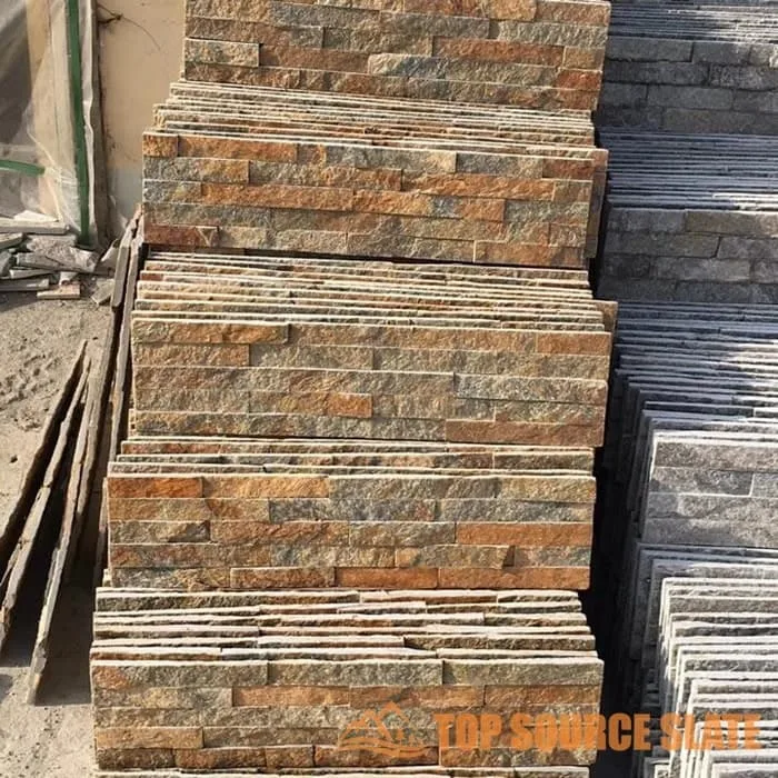 Interior view of rustic quartzite natural stacked stone wall tile panels
