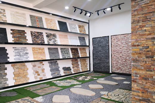 Interior view of Top Source Slate showroom featuring stacked stone materials