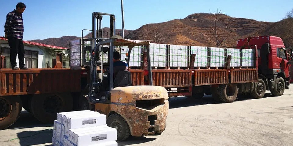 Stacked stone shipment being loaded for delivery at Xingang Port