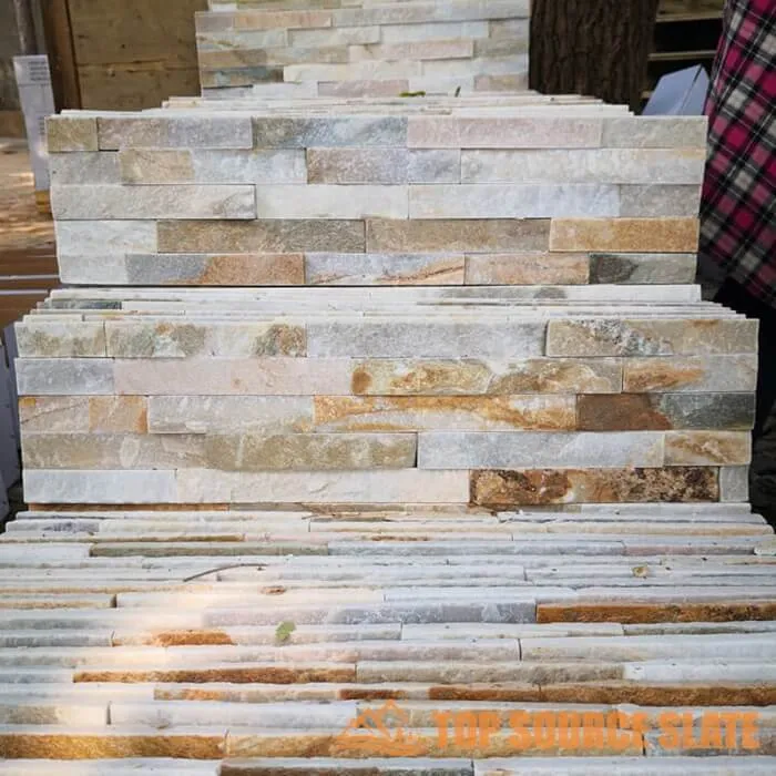 Golden honey quartzite stacked stone panels showcasing natural texture and warm tones