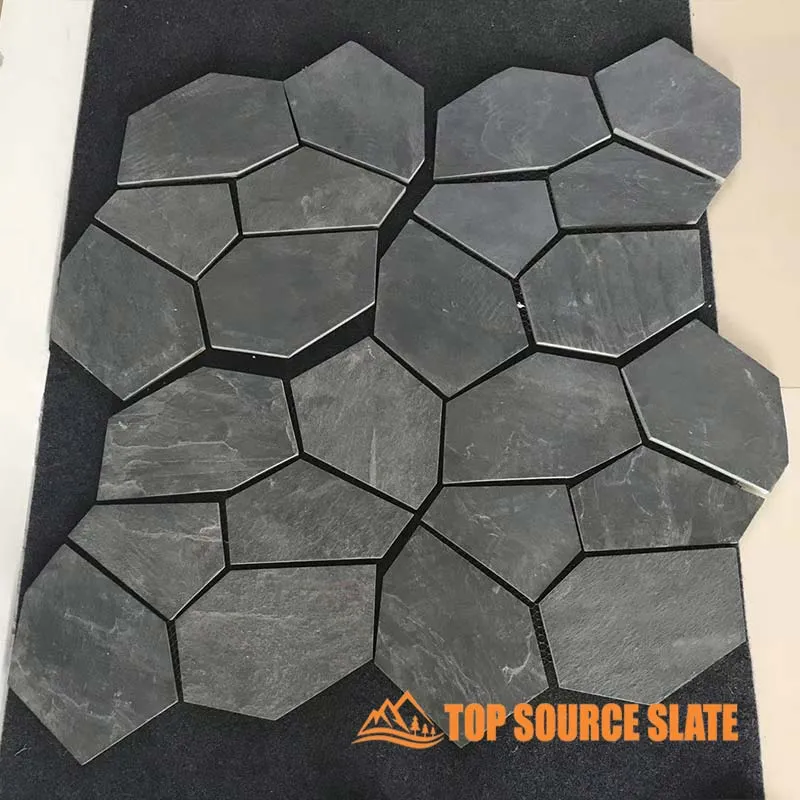 Irregular natural black slate flagstone in a crazy paving pattern