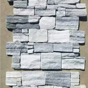 grey stacked stone fireplace