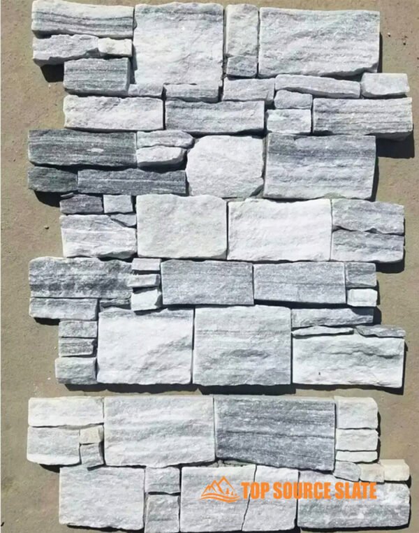 grey stacked stone fireplace