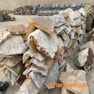 Close-up of a dry stack stone corner showcasing textured stone layers