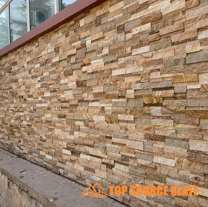 Stylish stacked stone tile fireplace featuring natural textures and warm colors