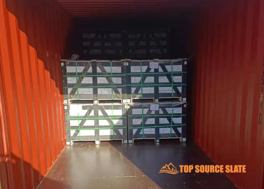 Container filled with various stacked stone products for construction