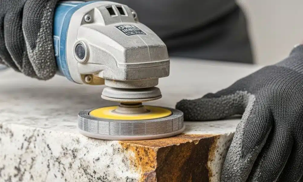 a worker's hands using diamond polishing pads