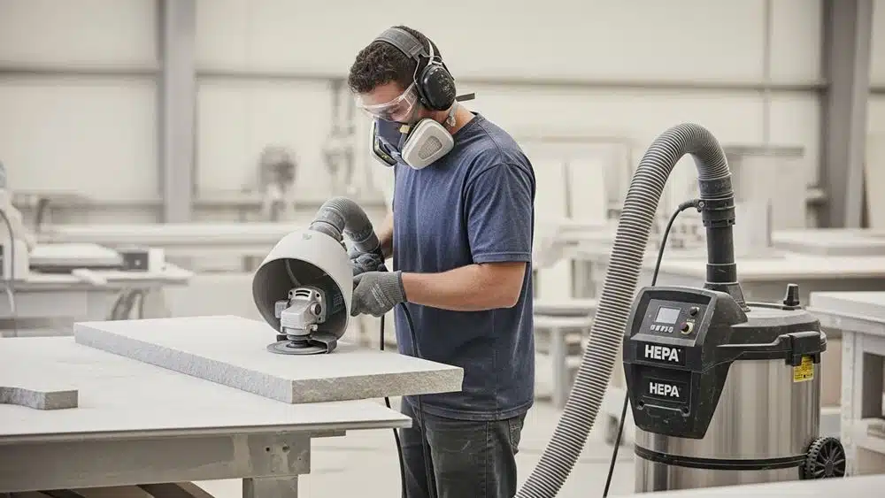stone fabricator using a handheld grinder on a ledger panel