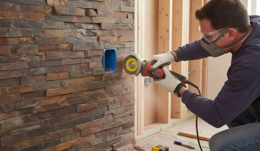 precision cuts installing stone panels around kitchen electrical outlets (3)