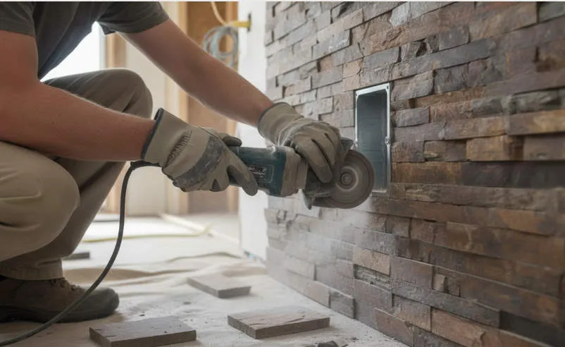 tagli di precisione installazione di pannelli in pietra attorno alle prese elettriche della cucina (4)